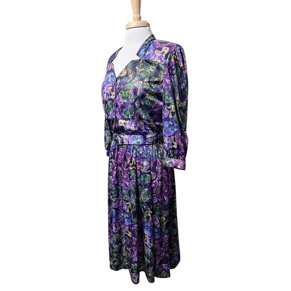 VTG USA Tabby of California Purple Green Abstract Floral Satin Midi Dress 14 - Picture 4 of 9